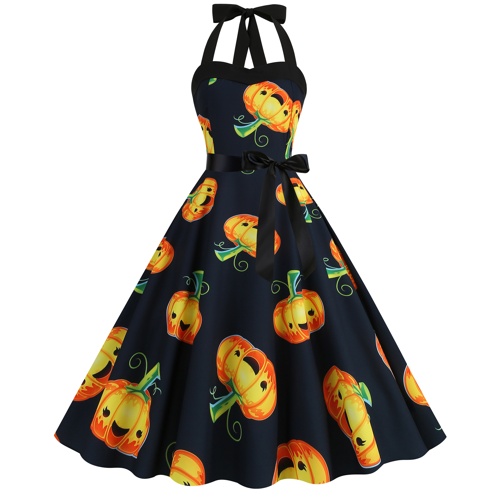 Women Sleeveless Halter Print Halloween Dresses Elegant Festival Party Costumes